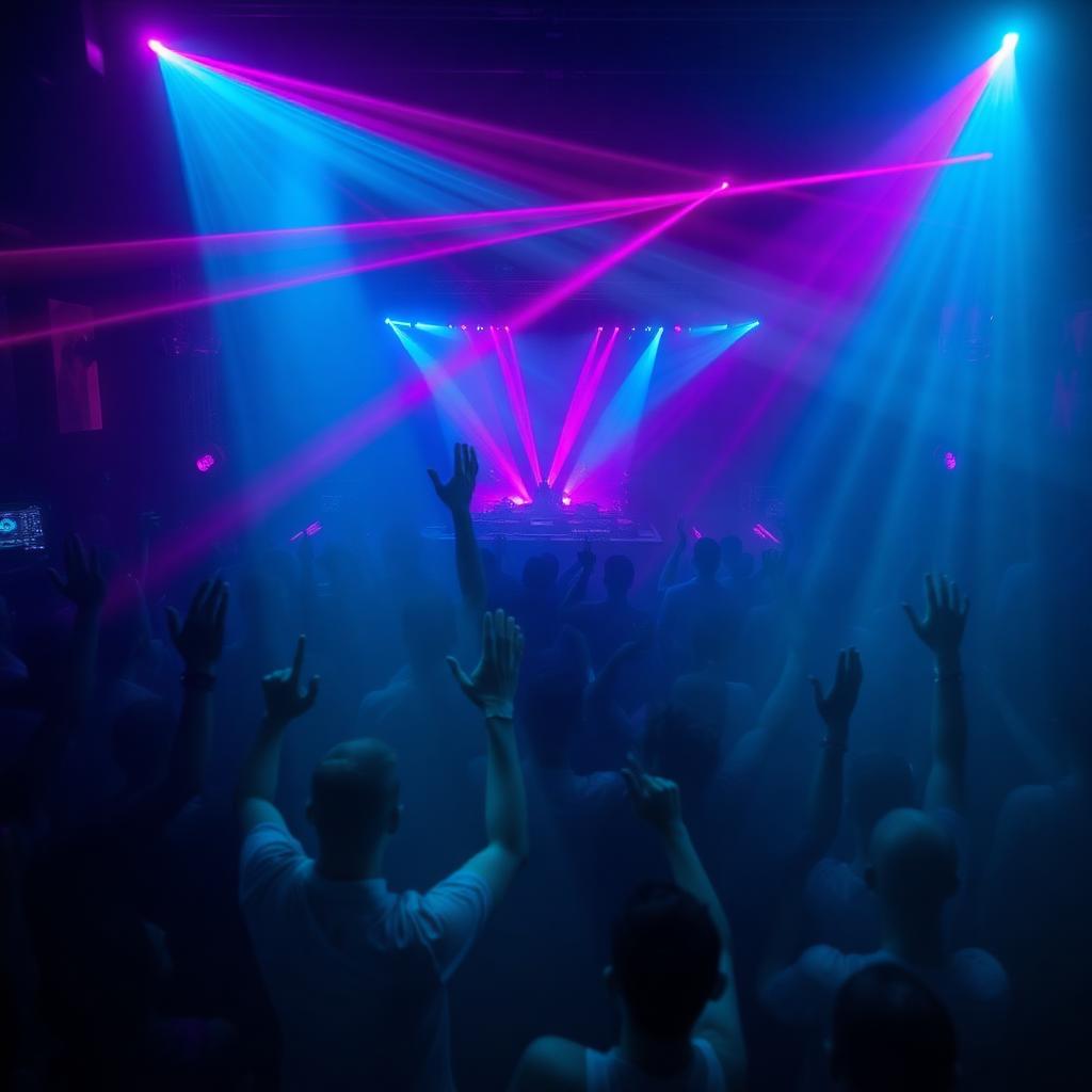 Crowd with hands up under magenta and cyan lasers in a nightclub