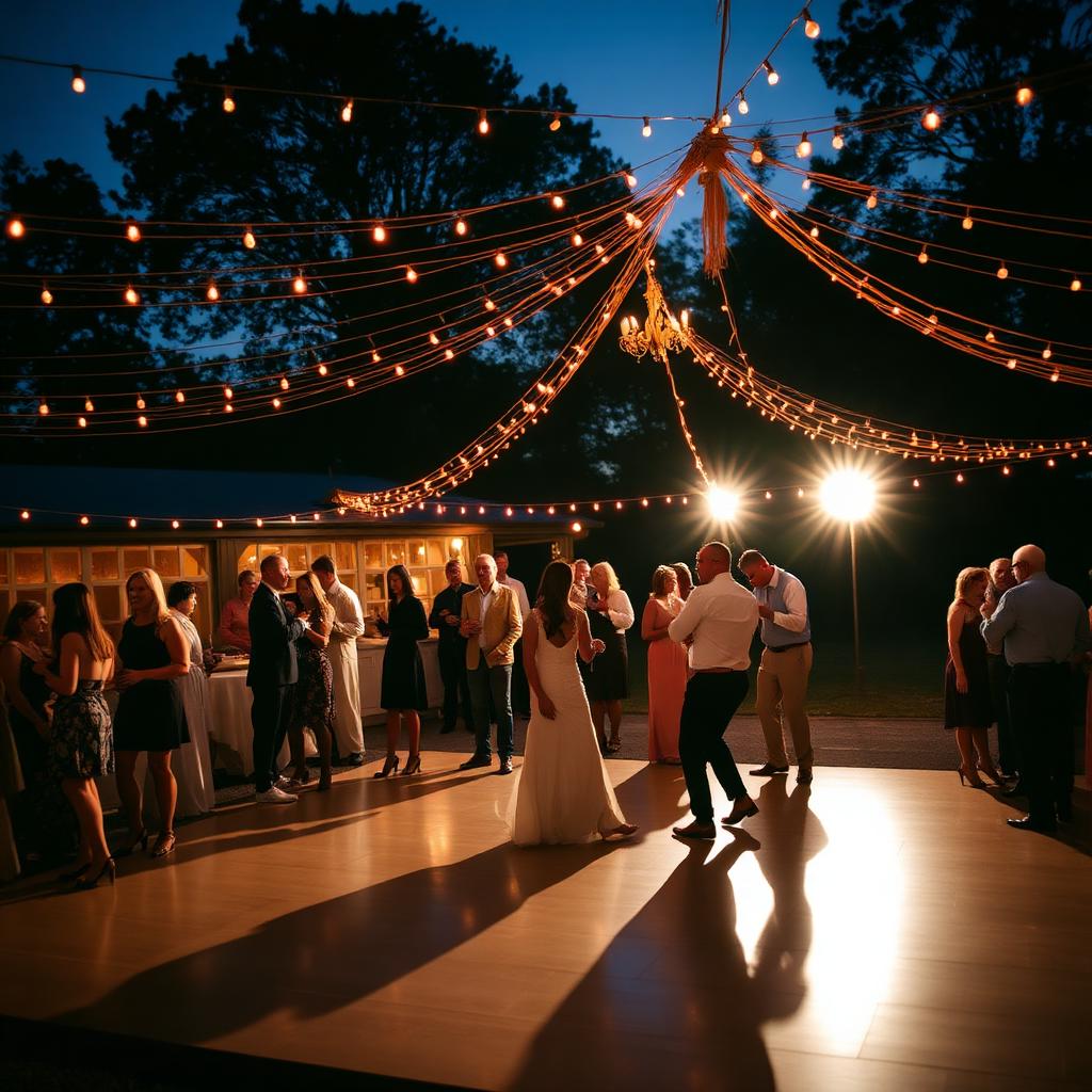 String lights over an outdoor wedding dance floor at dusk